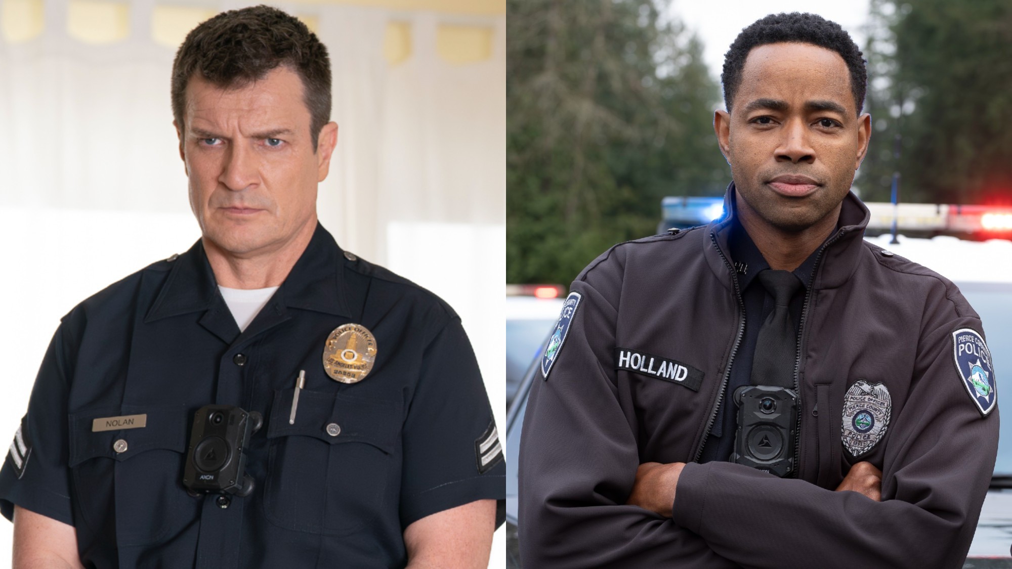 From L to R: Nathan Fillion as John Nolan looking serious on The Rookie, Jay Ellis as Alex Holland crossing his arms on The Rookie: North.