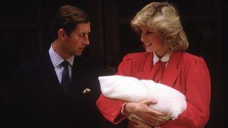 Diana Princess of Wales and Prince Charles (now King Charles) with new born Prince Harry, leave St.Mary's Hospital on September 16, 1984 in Paddington, London. Diana wore an outfit designed by Jan Van Velden.