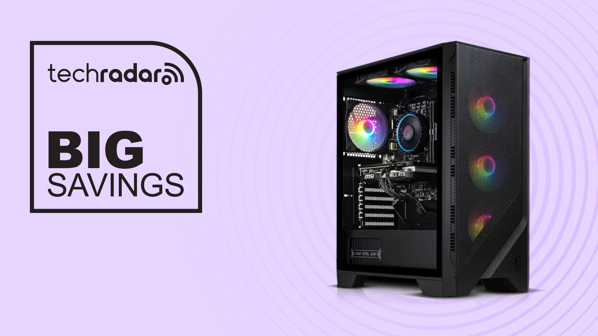 AWD-IT Forge gaming PC on pink background with big savings text overlay