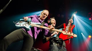 Billy Sheehan and Paul Gilbert from Mr Big performs at Le Bataclan on September 21, 2011 in Paris, France.