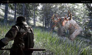 Crimson Desert - a warrior faces off against an antlered creature in a forest