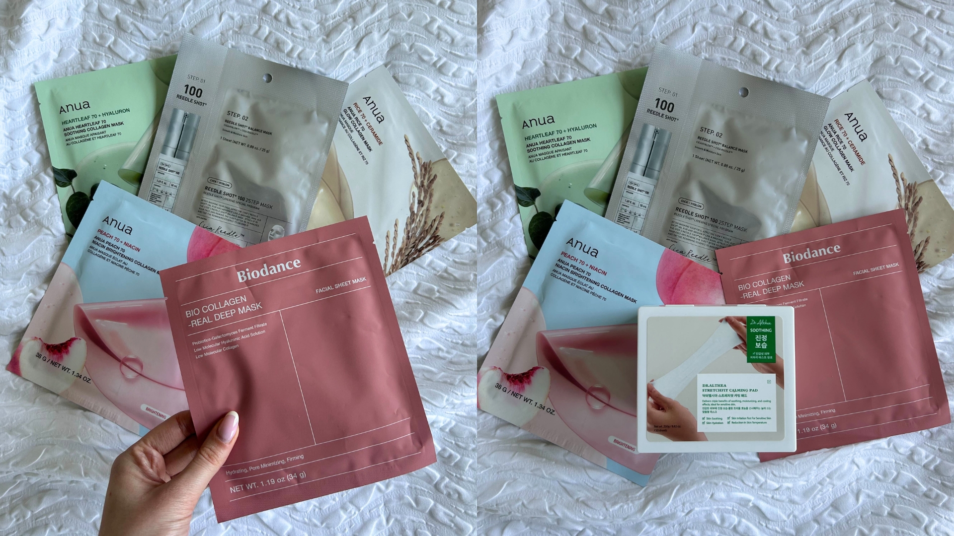 On the left, Korean Face Masks on a white bed with hand holding a pink packet of the Biodance face mask, on the right a collection of Korean Face Masks on a white bed