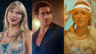 From left to right: Taylor Swift smiling over her shoulder during The Eras Tour, Jake Gyllenhaal looking serious in Road House and Sabrina Carpenter smiling and holding her visor in the Espresso video.