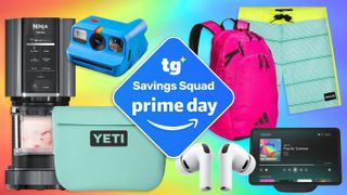 A Ninja Creami, Polaroid Go Gen 2, Yeti cooler, ear buds, backpack, shorts, and tablet show with a multicolored background and Tom's Guide Savings Squad Prime Day badge