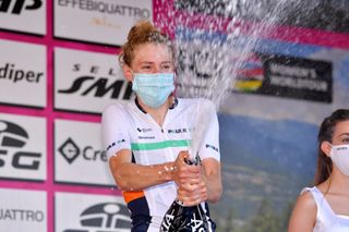 TIVOLI ITALY SEPTEMBER 14 Podium Elizabeth Banks of The United Kingdom and Team Paule Ka Celebration Champagne Mask Covid safety measures during the 31st Giro dItalia Internazionale Femminile 2020 Stage 4 a 1703km stage from Assisi to Tivoli 237m GiroRosaIccrea GiroRosa on September 14 2020 in Tivoli Italy Photo by Luc ClaessenGetty Images