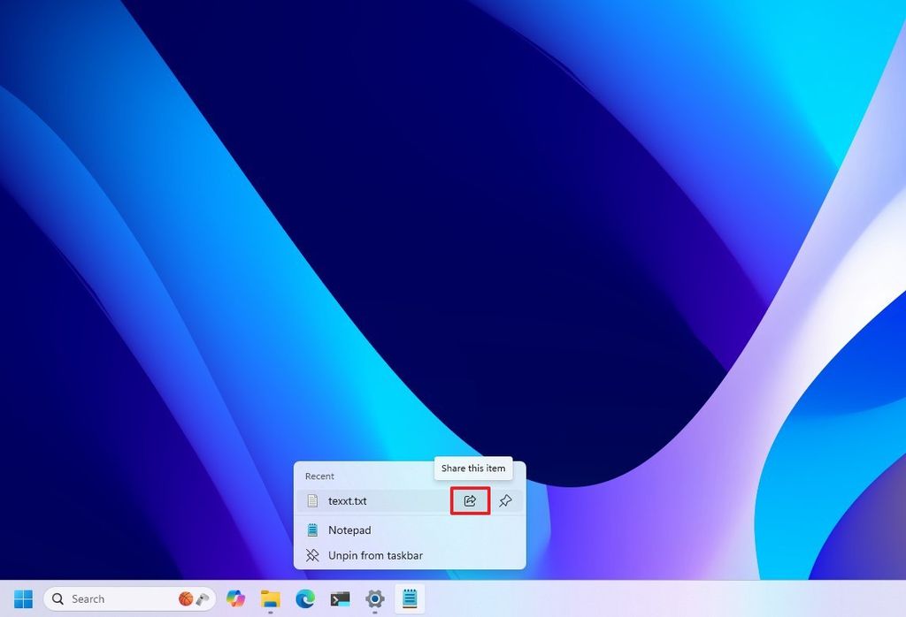 Taskbar share button for recent files