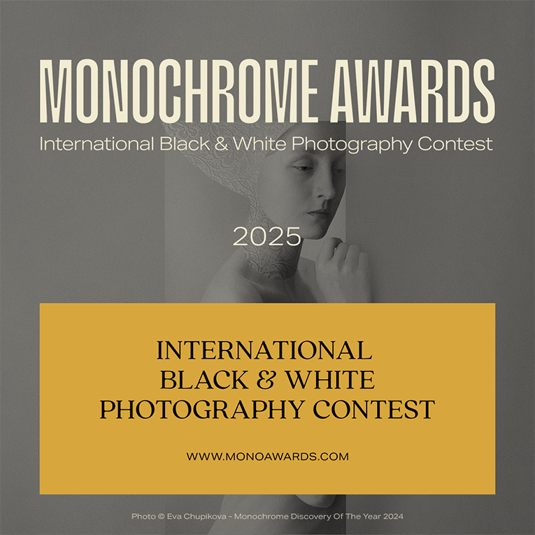A promotional graphic for the Monochrome Awards 2020, featuring a collage of black and white photography elements and contest details