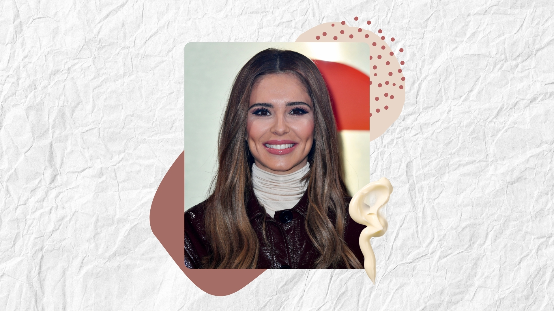 Image of Cheryl smiling with wavy brunette hair, on a white textured background with brown and cream motifs