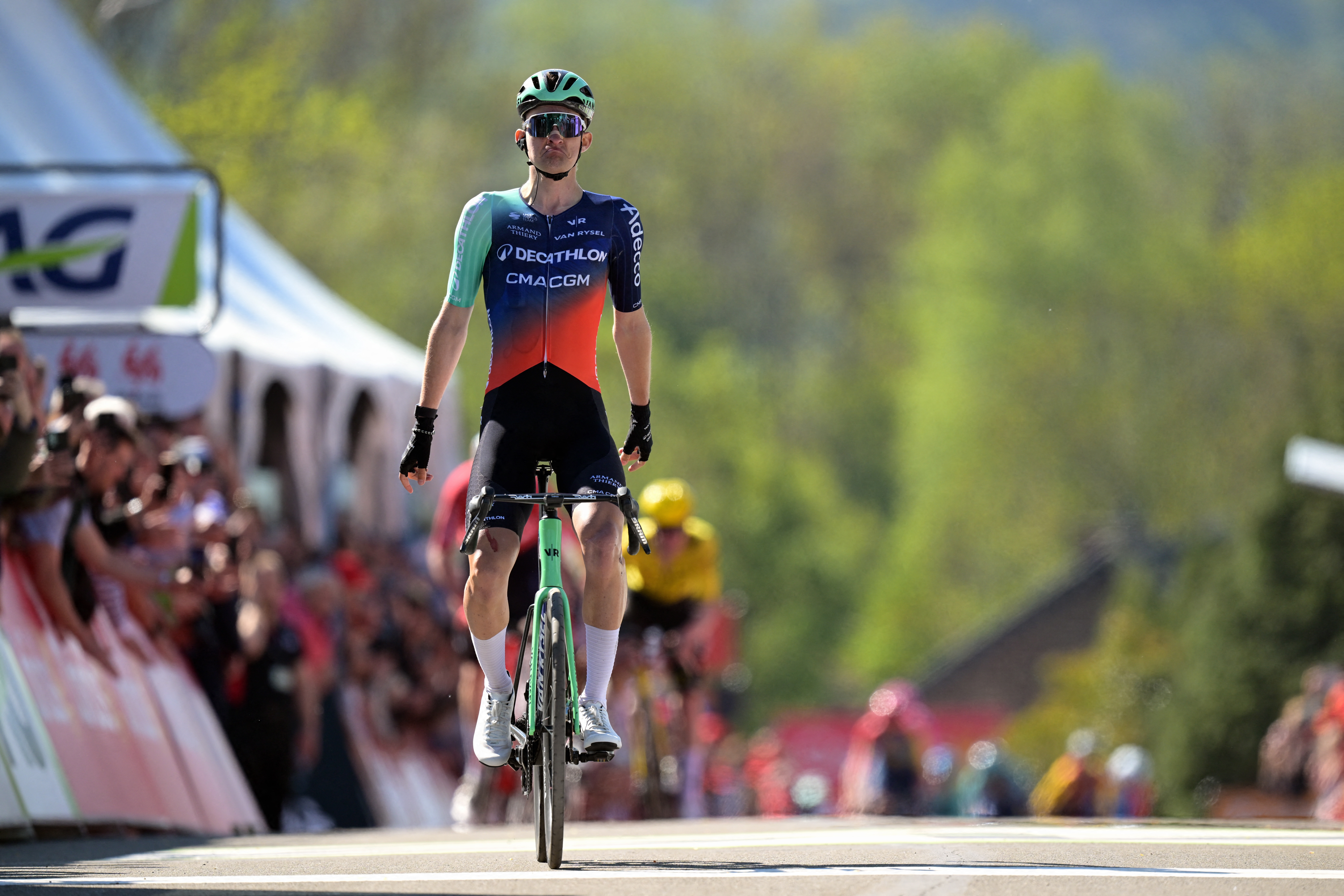 French Paul Seixas of Decathlon CMA CGM Team celebrates after winning the men's race of the 90th edition of the 'La Fleche Wallonne', one day cycling race (Waalse Pijl - Walloon Arrow), 200 km from Herstal to Huy, Wednesday 22 April 2026. BELGA PHOTO DAVID PINTENS (Photo by DAVID PINTENS / BELGA MAG / Belga / AFP via Getty Images)