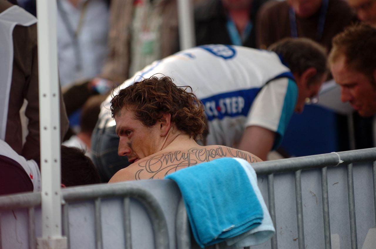 Filippo Pozzato contemplates second place at Paris-Roubaix, 2009.