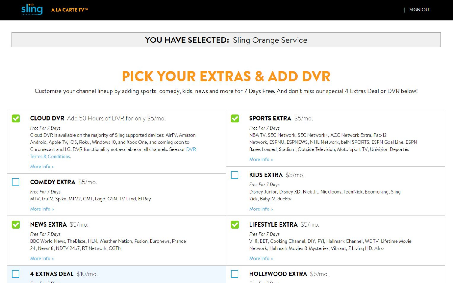 Choose the extras in a free trial of Sling TV