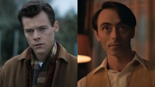 Left: Harry Styles standing outside. Right: David Dawson sitting at a table. Both in the film My Policeman.