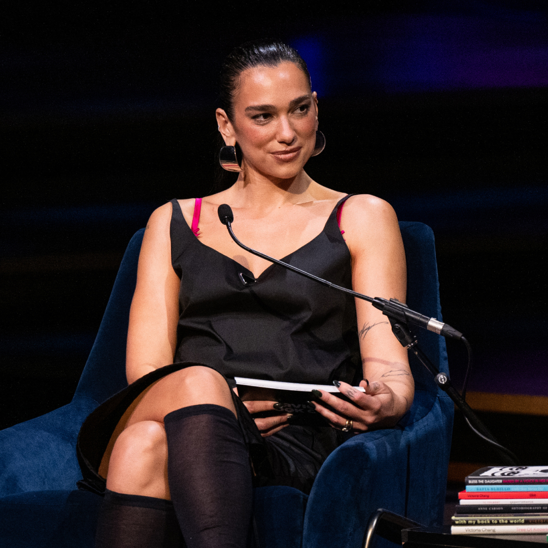 Dua Lipa and Mustafa onstage during "Dua Lipa In Conversation With Mustafa" at the London Literature Festival 2026 at The Royal Festival Hall on October 24, 2026 in London, England