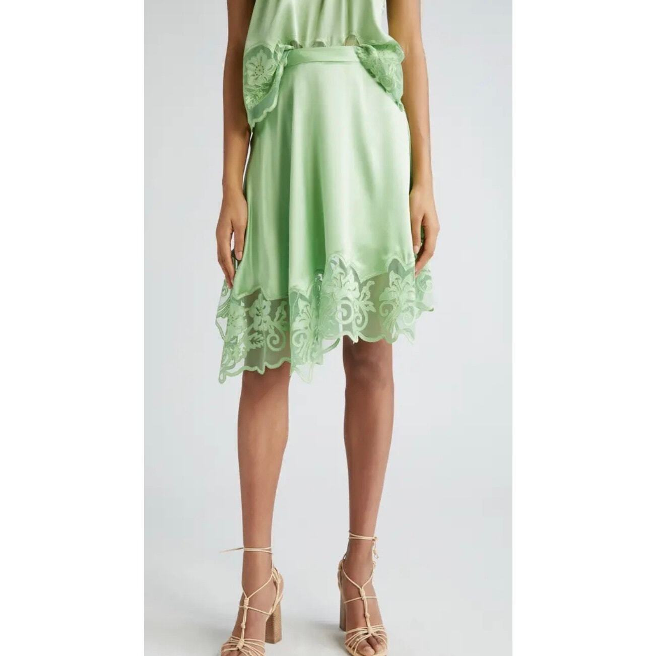 Ulla Johnson Avalon Lace Trim 100% Silk Maxi Skirt Light Green Sz 10