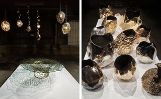 Left, ‘Pattern Flare’ table. Two images, Right, sculptural bronze objects.