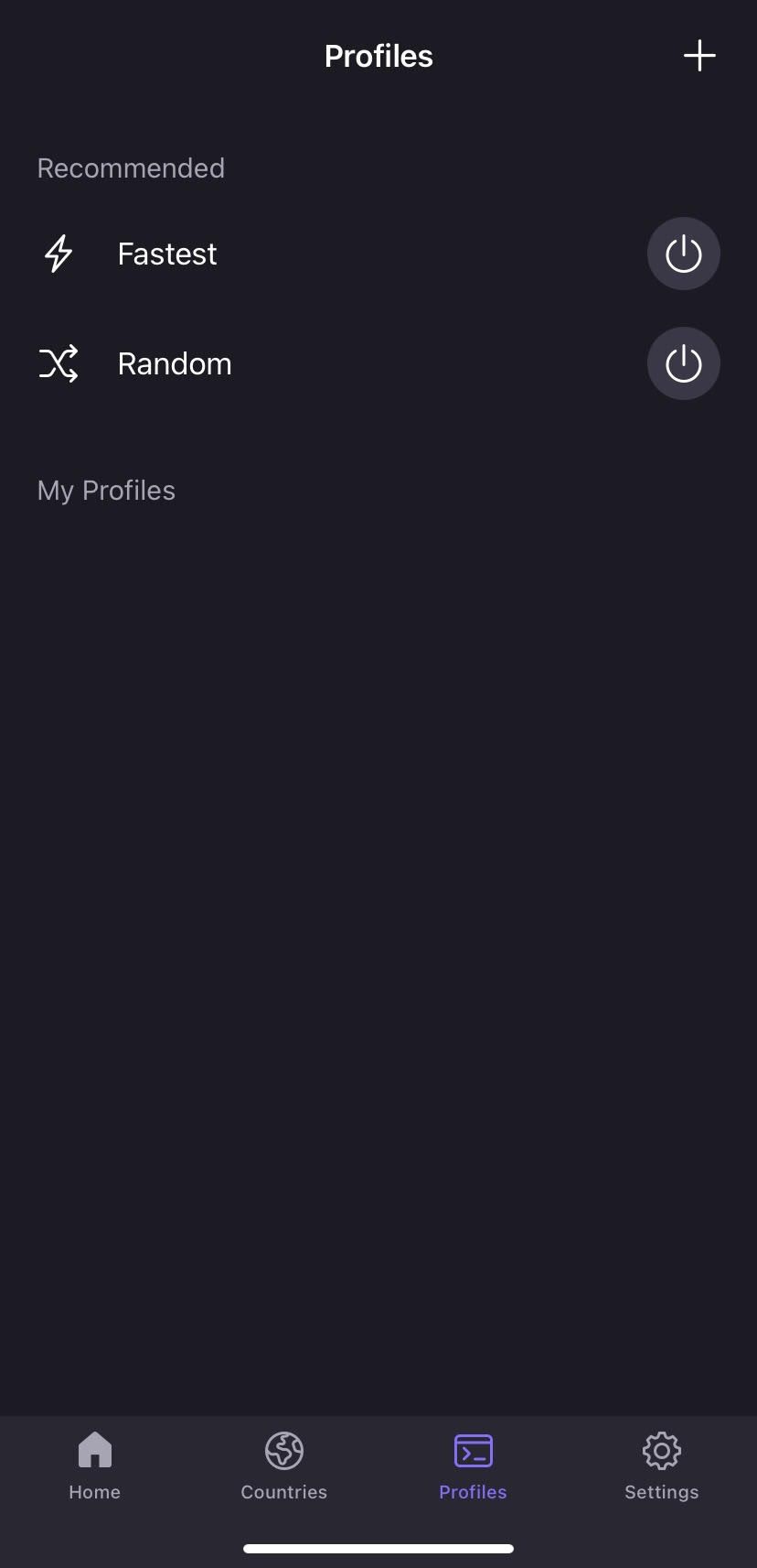 Proton VPN's iOS app, displaying its profiles feature. The current profiles on offer are 'fastest' and 'random'.