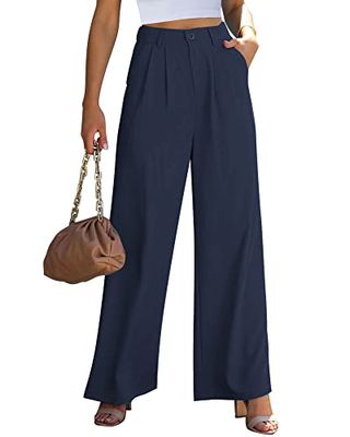 Roskiky Womens Casual High Waisted Palazzo Pant Flowy Wide Leg Trousers Summer Work Pants With Pockets Navy Blue