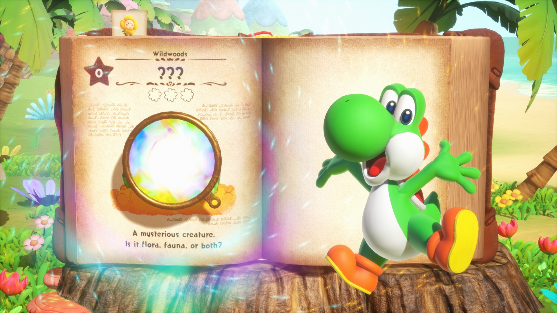 Yoshi celebrates as a monocle hovers above an encyclopaedia entry in Yoshi and the Mysterious Book