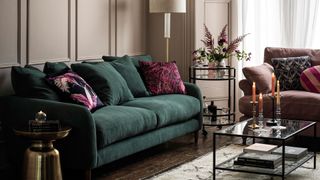 Living room with green velvet sofa