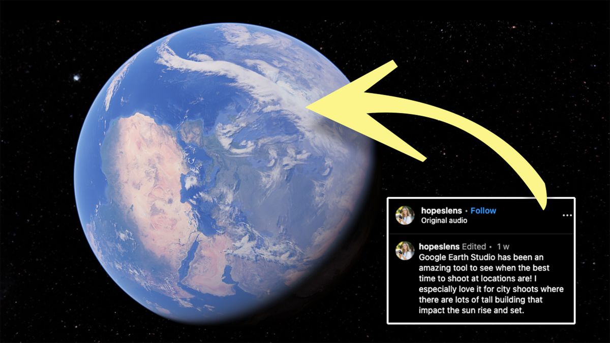 Google Earth screenshot of the Earth with Instagram post inset and giant arrow connecting the two 