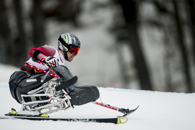 Switzerland’s Christoph Kunz competes in the men’s super-G sitting race.