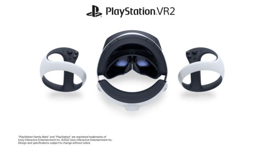 Back view of the PlayStation VR2 headset and controllers.