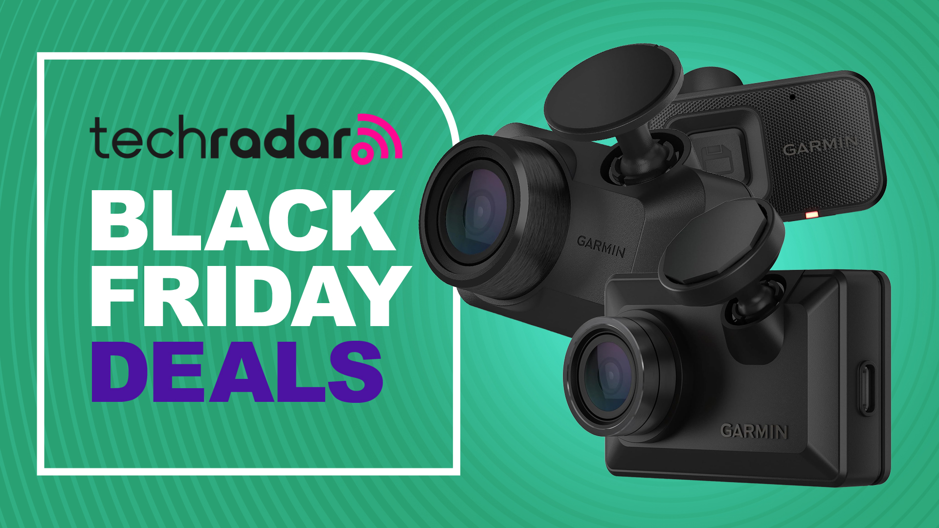 Garmin Dash Cam X310 and Dash Cam Mini 3 on a green background with Black Friday Deals text overlay