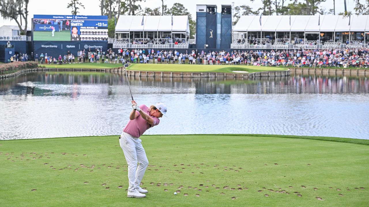 Cameron Smith hits his tee shot on the 17th at TPC Sawgrass during the Players Championship