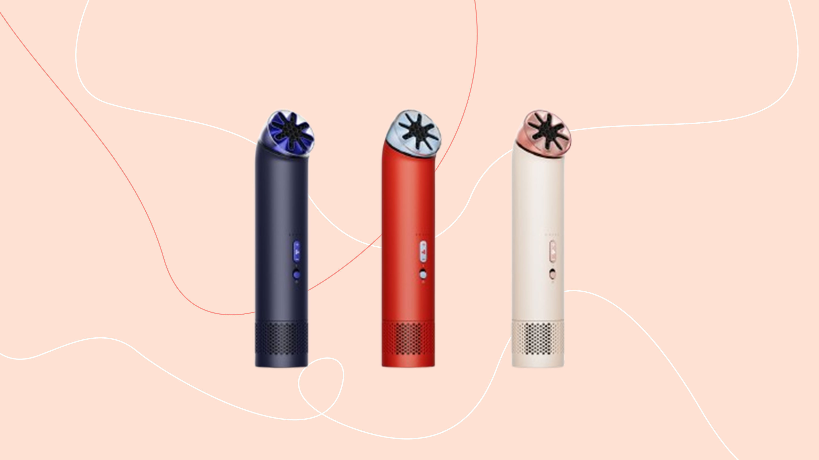 Bladeless handheld fab in blue, red and white on a pink background 