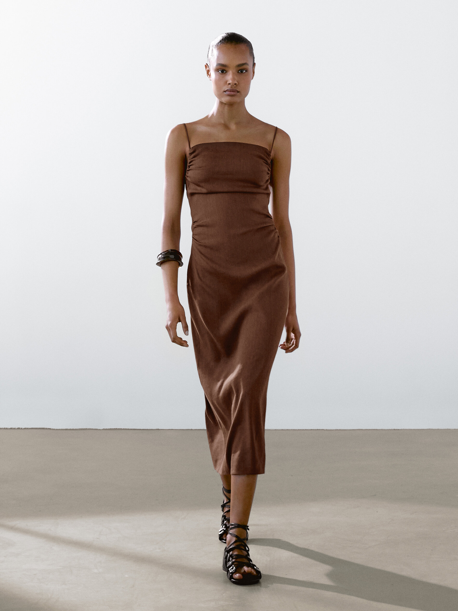 Gathered Linen Blend Midi Dress