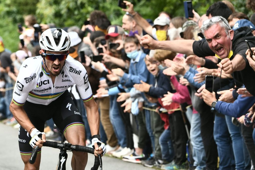 Team Deceuninck Quicksteps Julian Alaphilippe of France rides ahead during the 1st stage of the 108th edition of the Tour de France cycling race 197 km between Brest and Landerneau on June 26 2021 Photo by Philippe LOPEZ AFP Photo by PHILIPPE LOPEZAFP via Getty Images