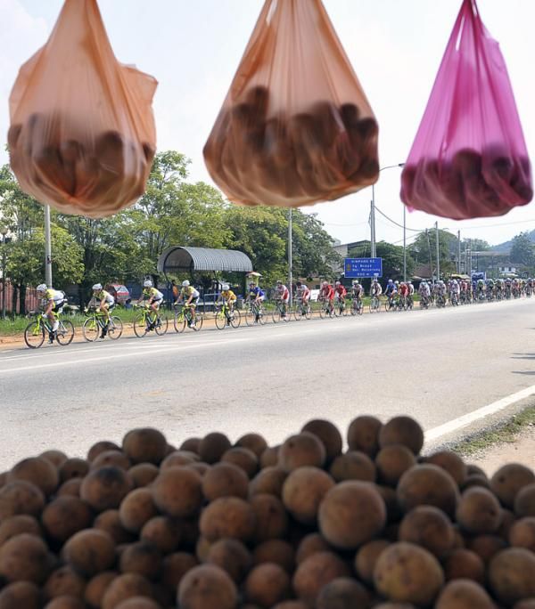 Riders passed a "duku" fruit shop at km 45.