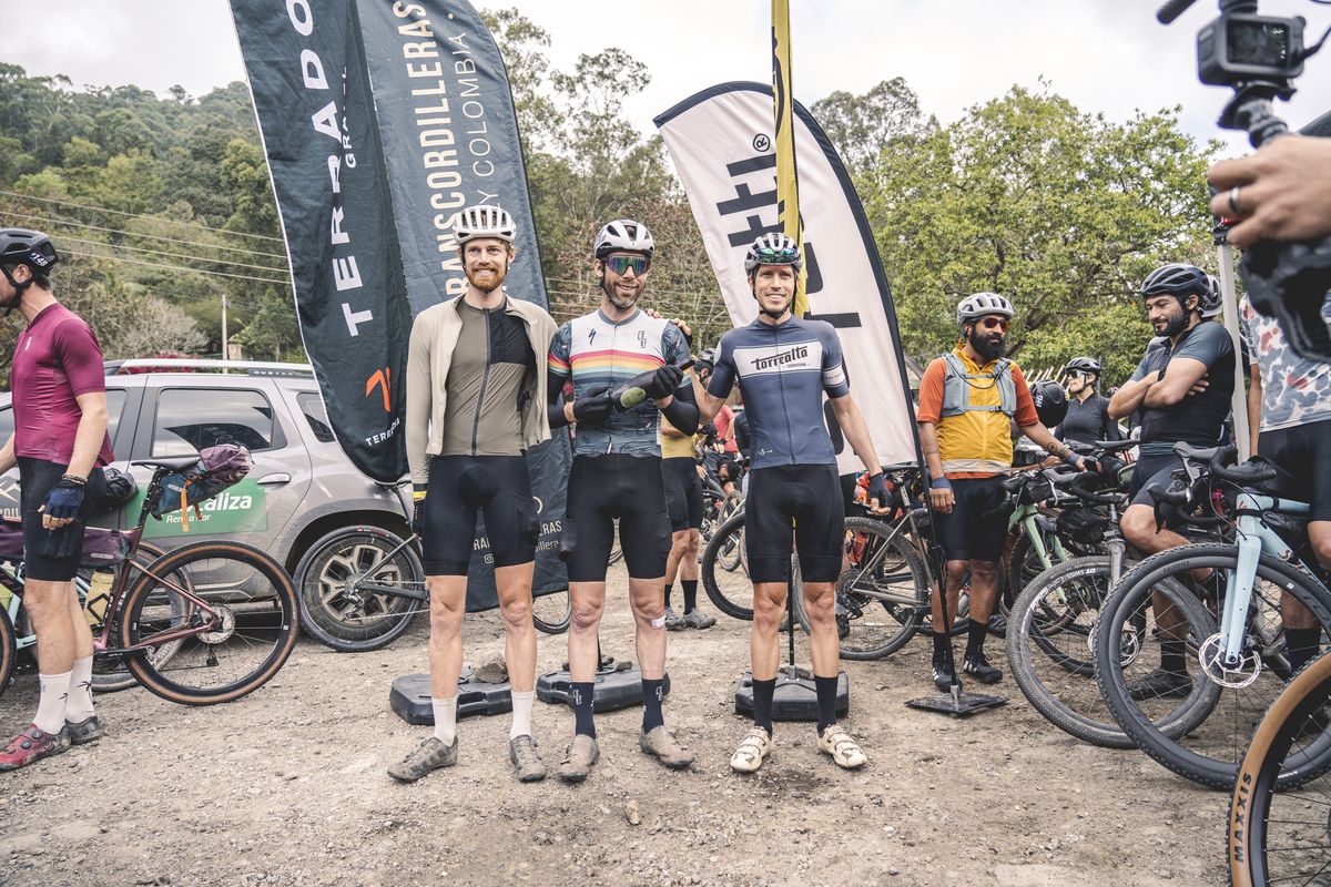 Stage 7 top three (L to R): second-placed Janosch Wintermantel, winner Laurens ten Dam, third-placed Antonio Donado