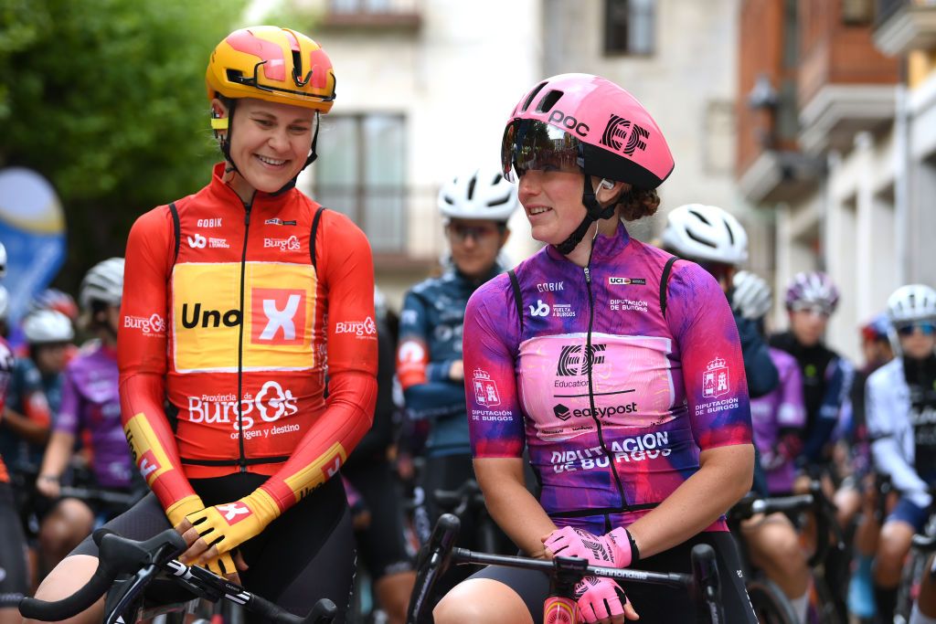BRIVIESCA SPAIN MAY 17 LR Katrine Aalerud of Norway and Team UnoX Mobility and Lotta Henttala of Finland and Team EF EducationCannondale Purple Leader Jersey prior to the 9th Vuelta a Burgos Feminas 2024 Stage 2 a 123km stage from Briviesca to Alto de Rosales 790m on UCIWWT May 17 2024 in Briviesca Spain Photo by Alex BroadwayGetty Images