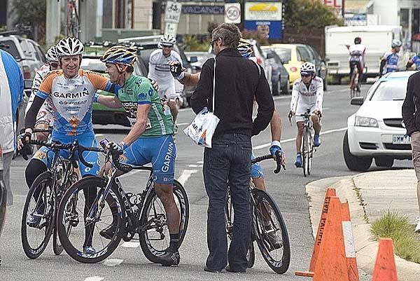 Chris Sutton (green) is congratulated by his Garmin/Slipstream teammate Brad Wiggins after claiming another stage of the Jayco Herald Sun Tour.