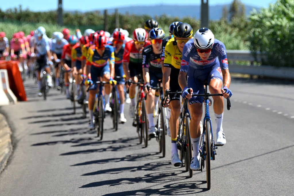 OUREM PORTUGAL AUGUST 18 Luca Vergallito of Italy and Team Alpecin Deceuninck leads the peloton during the 79th La Vuelta Ciclista a Espana 2024 Stage 2 a 194km stage from Cascais to Ourem UCIWT on August 18 2024 in Ourem Portugal Photo by Tim de WaeleGetty Images