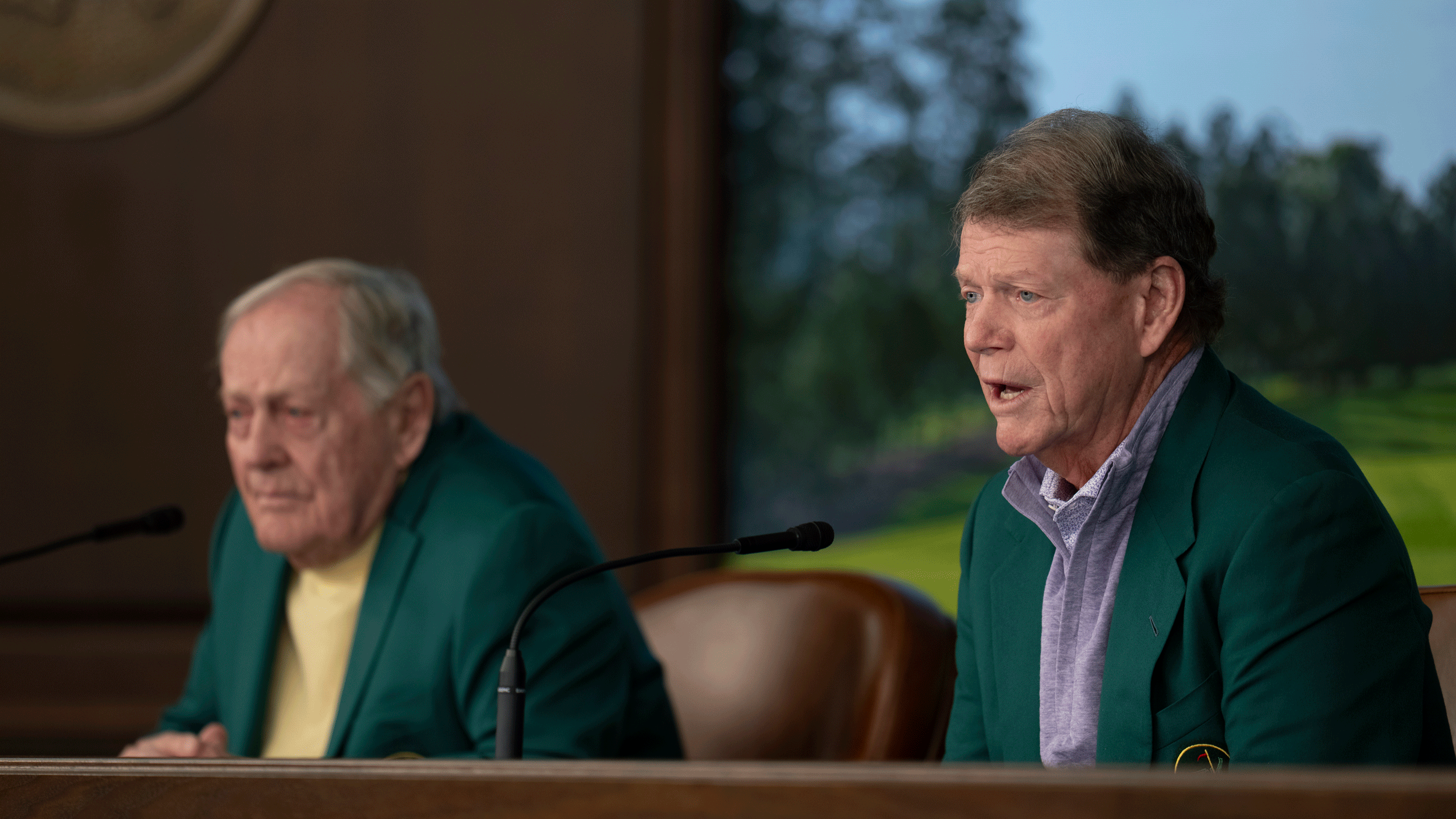 Tom Watson (right) and Jack Nicklaus speak during the Honorary Starters press conference at the 2026 Masters