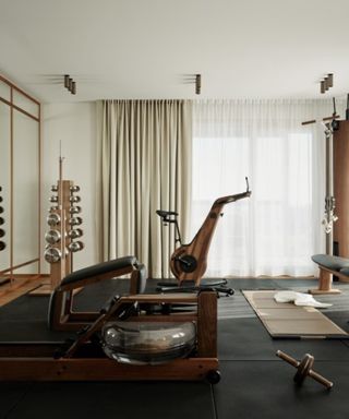 Wooden accents in a sleek home gym