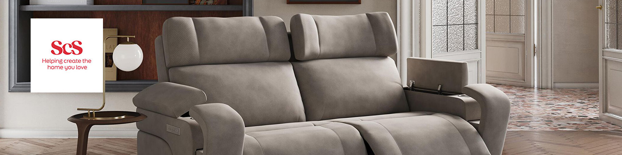 ScS logo top left with a wide image of a grey double sofa in an open large living room 