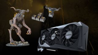 A monster figurine, set of Perish keycaps, and an RTX 3070 GPU on a blurred background.