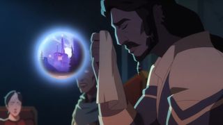A still from The Legend of Vox Machina, with Shaun Gilmore dabbing his brow while a glowing orb showing the city of Whitestone hovers in front of him