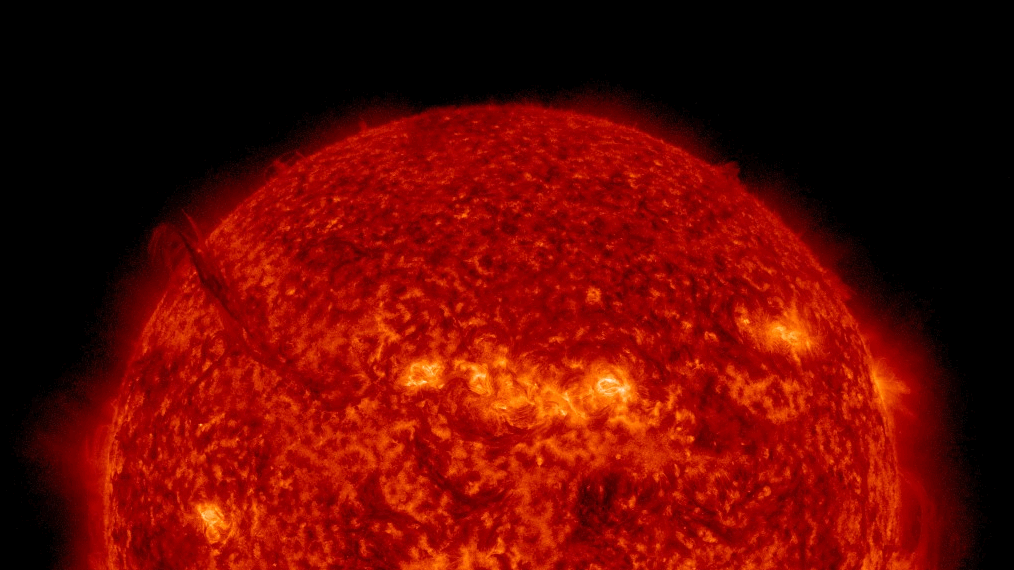 gif animation showing a large fiery tendril unravelling from the sun in a colossal eruption.
