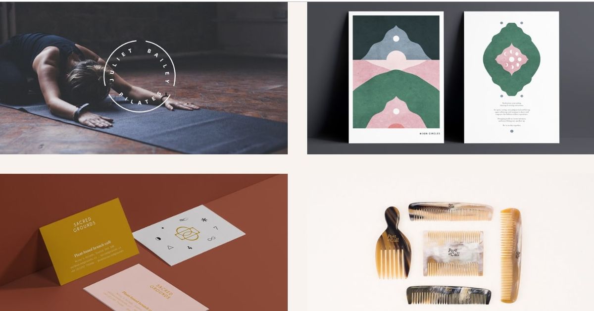 four images from Becca Allen&#039;s website: pilates, watercolour cards, business cards and combs