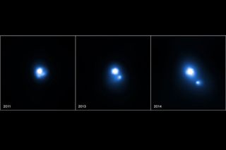 When the pulsar pierced the disk of material surrounding the star, a chunk of dust flew off and eventually accelerated to 15 percent the speed of light. The star and the dust cloud are shown here over the course of four years.