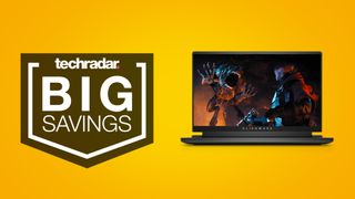 Alienware m15 R5 gaming laptop on yellow background, beside text that reads 'big savings'