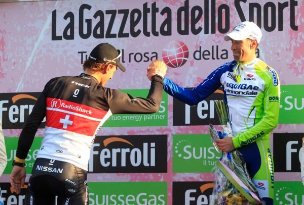 Nibali congratulates Fabian Cancellara (RadioShack-Nissan)