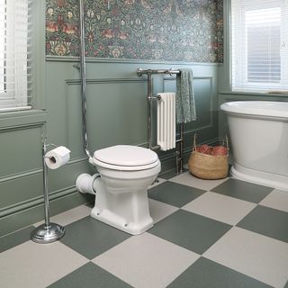 Bathroom with black and white checkerboard flooring