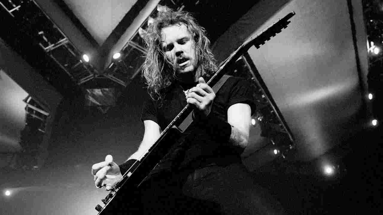Metallica’s James Hetfield performing onstage in 1992