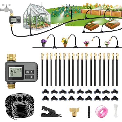 Hekiway 60ft Drip Irrigation System With Smart Water Timer &amp;ndash; Automatic Garden Watering Kit With Solid Brass Metal Connectors, 360&amp;deg; Adjustable Nozzles &amp;amp; Bendable Tubing for Garden, Greenhouse &amp;amp; Lawn