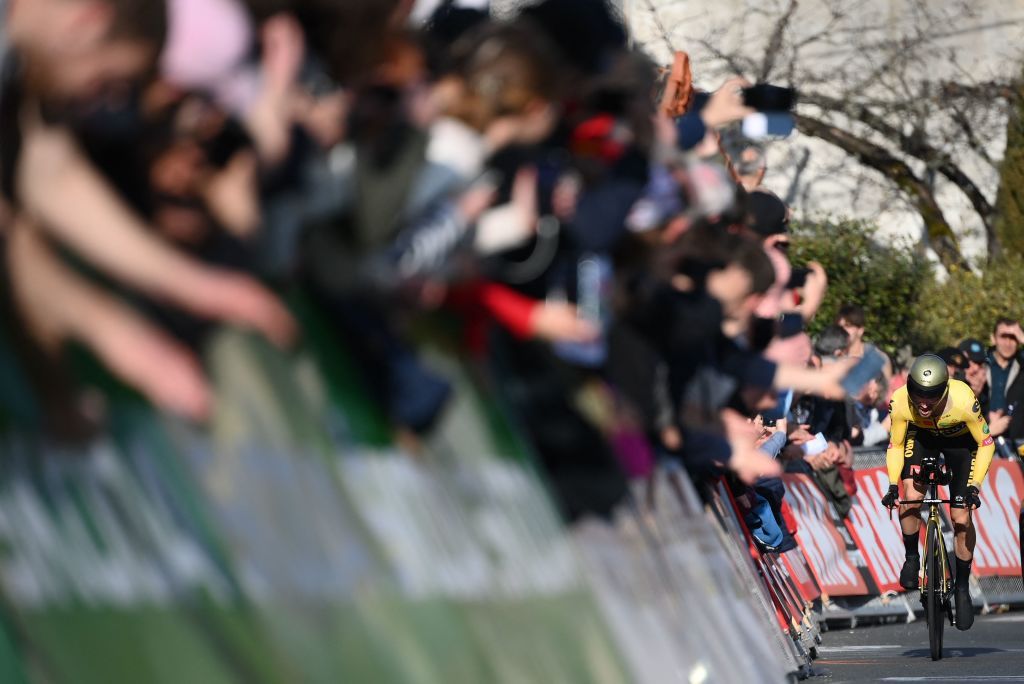 JumboVismas Slovenian rider Primoz Roglic competes during the 4th stage of the 80th edition of the Paris Nice cycling race 134 km time trial stage between Domerat and Montlucon on March 9 2022 Photo by FRANCK FIFE AFP Photo by FRANCK FIFEAFP via Getty Images